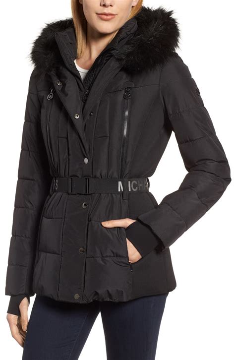 active belted faux fur trim puffer coat michael kors|Faux Fur Trim Quilted Belted Puffer Jacket .